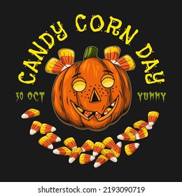 Halloween vintage emblem with candy corn, pumpkin head stylized as smiling mischievous freckled kids face. Patch for Candy Corn Day. Isolated vector illustration on a dark background