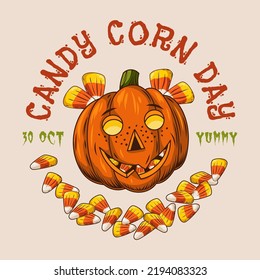 Halloween vintage emblem with candy corn, pumpkin head stylized as smiling mischievous freckled kids face. Patch for Candy Corn Day. Isolated vector illustration on a white background