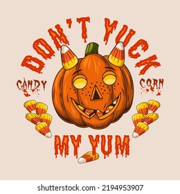 Halloween Vintage Emblem With Candy Corn, Pumpkin Head Stylized As Smiling Little Devil, Freckled Kids Face. Text Dont Yuck My Yum. Patch For Candy Corn Day. Vector Illustration On A White Background