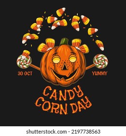 Halloween vintage emblem with candy corn, pumpkin head stylized as smiling mischievous little girl with freckles. Patch for Candy Corn Day. Isolated vector illustration on a dark background