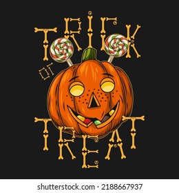 Halloween vintage emblem with candy, pumpkin head stylized as human freckled kids face. Traditional text Trick or Trick. Letters made of bones. Isolated vector illustration on a dark background