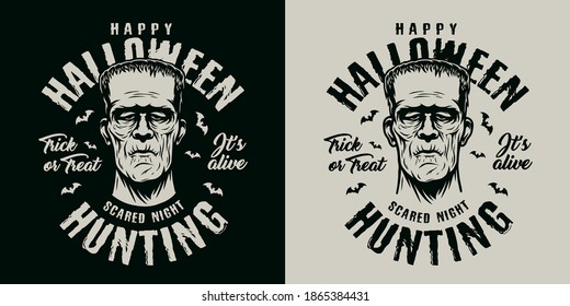 Halloween vintage emblem with inscriptions and creepy zombie head in monochrome style isolated vector illustration