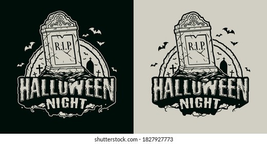 Halloween vintage emblem with lettering tombstone and flying bats in monochrome style isolated vector illustration