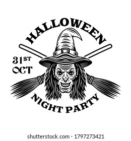 Halloween vintage emblem with witch head and crossed brooms in monochrome style vector isolated illustration