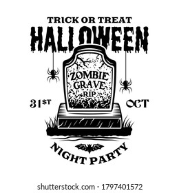 Halloween vintage emblem with zombie grave in monochrome style vector isolated illustration