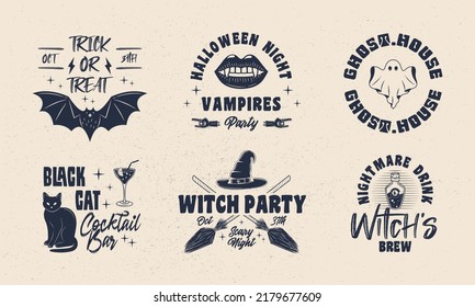 Halloween vintage emblems. Bat, Black Cat, Witch, Ghost emblems. Halloween label, badges designs. Retro prints for T-shirt, typography. Vector illustration