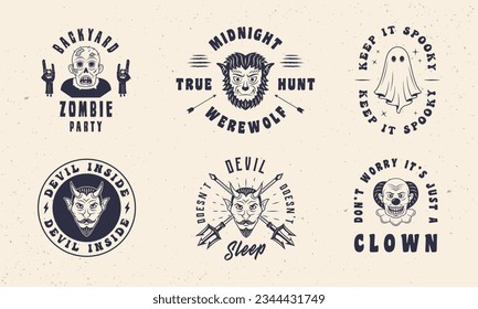 Halloween vintage emblems.Devil, Clown, Werewolf, Zombie and Ghost emblems. Halloween label, badges designs. Retro prints for T-shirt, typography. Vector illustration