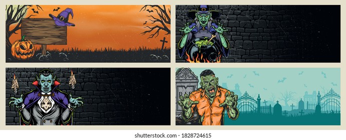 Halloween vintage horizontal banners with scary zombie vampire witch near cauldron of magic potion blank wooden board spooky pumpkin and cemetery dark wall field backgrounds vector illustration