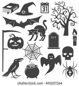 Halloween vintage icon, emblem or label. Vector illustration. Halloween set include cat, pumpkin, bat, crow, skull, tree, candle, ghost, spider, magic book, hat and grave. Halloween design.