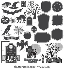 Halloween vintage icon, emblem, seal, patch and design elements. Vector. Halloween set include cat, pumpkin, bat, crow, skull, tree, candle, ghost, spider, magic, book, hat, badges, ribbon and grave.
