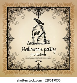 Halloween vintage invitation with hand drawn ornamental frame vector illustration