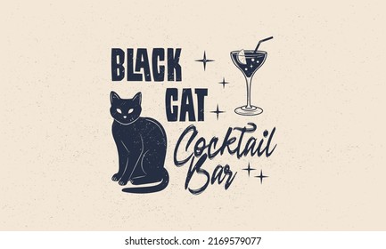 Halloween vintage label, logo. Cocktail bar emblem with grunge texture. Black cat and Cocktail vintage icons. Hipster design. Print for T-shirt. Vector illustration