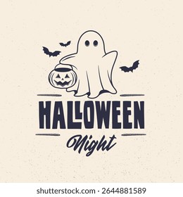 Halloween vintage label, logo. Ghost emblem. Ghost vintage icon. Hipster design. Print for T-shirt. Vector illustration