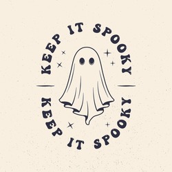 Halloween Vintage Label, Logo. Spooky Emblem With Grunge Texture. Ghost Vintage Icon. Hipster Design. Print For T-shirt. Vector Illustration