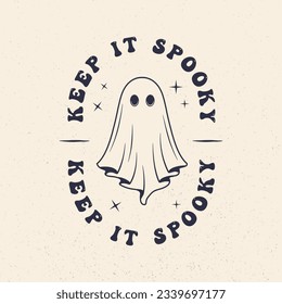 Halloween vintage label, logo. Spooky emblem with grunge texture. Ghost vintage icon. Hipster design. Print for T-shirt. Vector illustration