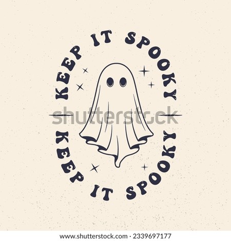 Halloween vintage label, logo. Spooky emblem with grunge texture. Ghost vintage icon. Hipster design. Print for T-shirt. Vector illustration Foto stock © 