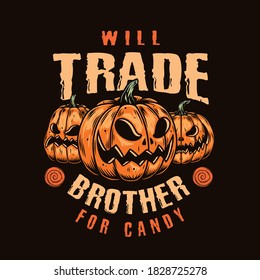 Halloween vintage label of pumpkins with carved scary faces on dark background isolated vector illustration