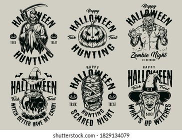 Etiquetas vintage de Halloween establecidas con inscripciones paradisíacas barro caminar zombie mmy cabeza calabaza temible sombrero de bruja y caldero de poción mágica sobre fondo ligero aislado ilustración vectorial