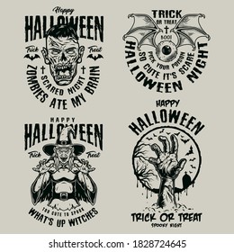 Halloween vintage logotypes with human eye with bat wings scary zombie hand and head spooky witch in monochrome style isolated vector illustration