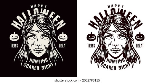 Halloween vintage monochrome badge with inscriptions evil pumpkins and scary zombie girl head isolated vector illustration