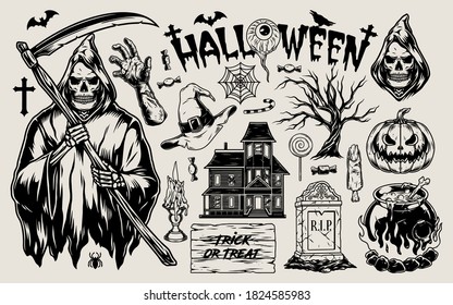 Halloween vintage monochrome composition with traditional spooky and scary elements isolated vector illustration