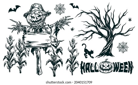 Halloween vintage monochrome elements concept with scarecrow with pumpkin head and wooden plank dry tree black cat bats corn plants spider cobweb isolated vector illustration