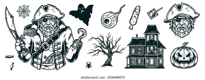 Halloween-Vintage-einfarbige Elemente Set mit gespenstischen Haus menschauAuge trockenen BaumGeisterkanstchen gruselige Kürbiszombie Körperteil-Spinne wütender Pirat mit Säbel und Haken einzelne Vektorgrafik