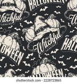 Halloween vintage monochrome pattern seamless pumpkins to make Jack-o-lantern and witch hat among bats for scary holiday party vector illustration