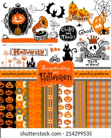 Halloween vintage objects - scrapbook collection. 7 seamless backgrounds. vector illustration 