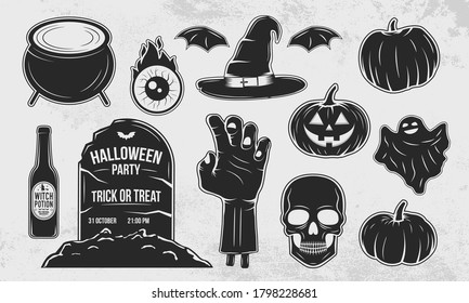 Colección de símbolos y objetos vintage de Halloween. Cementerio, Mano Zombie, Calabaza, Calavera. Imprimir para camiseta. Diseño vintage para volante, invitación a fiesta, logo, etiqueta, insignia, afiche. Ilustración del vector