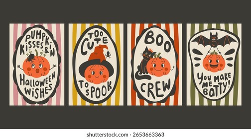 Halloween Vintage Poster Set with Funny Phrase. Cute hand drawn cards with adorable Pumpkins Jack O Lantern and Quotes. Vector illustration for kids home decor party invitation