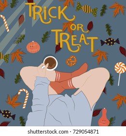 Halloween vintage poster. Trick or treat typography design. Autumn fall leaves, sweets, candy, lollipop, hot chocolate.Vector illustration. 