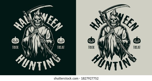 Halloween vintage print with scary grim reaper holding scythe on dark and light backgrounds isolated vector illustration