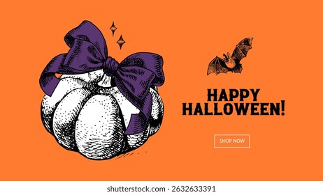 Halloween vintage pumpkin with bow and bat. Seasonal greeting, party decor, poster, banner. Hand drawn retro sketch vector illustration. Not AI generation