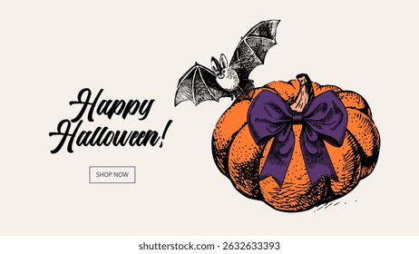 Halloween vintage pumpkin with bow and bat. Seasonal greeting, party decor, poster, banner. Hand drawn retro sketch vector illustration. Not AI generation