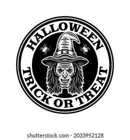 Halloween vintage round emblem, badge, label or logo with witch head in monochrome style vector isolated illustration