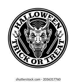 Halloween vintage round emblem, badge, label or logo with devil head in monochrome style vector isolated illustration