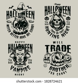 Halloween vintage scary labels with pumpkins vampire and grim reaper heads witch cauldron and hat isolated vector illustration