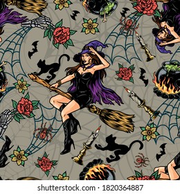 Halloween vintage seamless pattern with beautiful witch flying on broom burning candle in candlestick skeleton hand holding rose flowers cauldron of magic potion cats bats spiders vector illustration