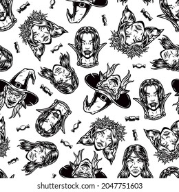 Halloween vintage seamless pattern with candies spooky witch dead bride female zombie and vampire heads in monochrome style vector illustration