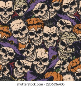 Halloween vintage seamless pattern colorful skulls mummies vampires or witches with pumpkins for All Hallows Day instead hat vector illustration