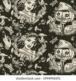 Halloween, vintage seamless pattern. Dark fairy tale, retro background. Old school tattoo, gothic style. Witch woman, Jack O' Lantern, occult hands