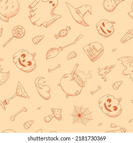 Halloween vintage seamless pattern with hand drawn doodles. Good for kids textile prints, wrapping paper, wallpaper, scrapbooking, stationary, backgrounds, etc. EPS 10