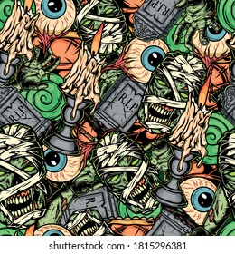 Halloween vintage seamless pattern with human eyeballs gravestones lollipops burning candles creepy mummy heads zombie hands vector illustration