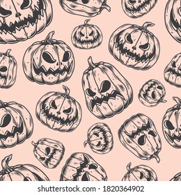 Patrón ininterrumpido vintage de Halloween con calabazas con caras espeluznantes talladas en ilustración vectorial de estilo monocromo