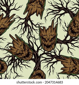 Halloween vintage seamless pattern with scary forest monster heads and dry trees vector illustration