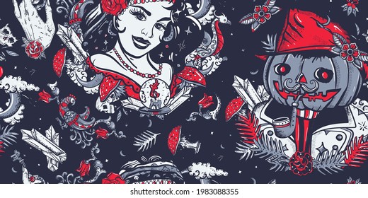 Halloween, Vintage nahtloses Muster. Hexe, Kristallkugel, Jack O' Lantern, okkulte Hände. Dunkles Märchen, Retrohintergrund. tätowierte alte Schule, gotischer Stil