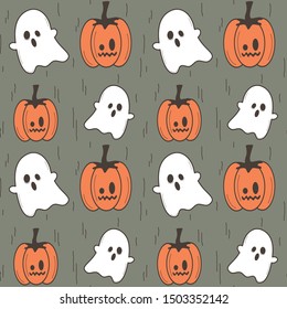 halloween vintage seamless vector pattern background illustration with cartoon pumpkins and ghost