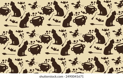 halloween vintage seamless vector pattern background illustration with cartoon colorful bat cat and witch