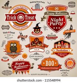 Halloween vintage set - labels, ribbons and other decorative elements. Vector illustration.